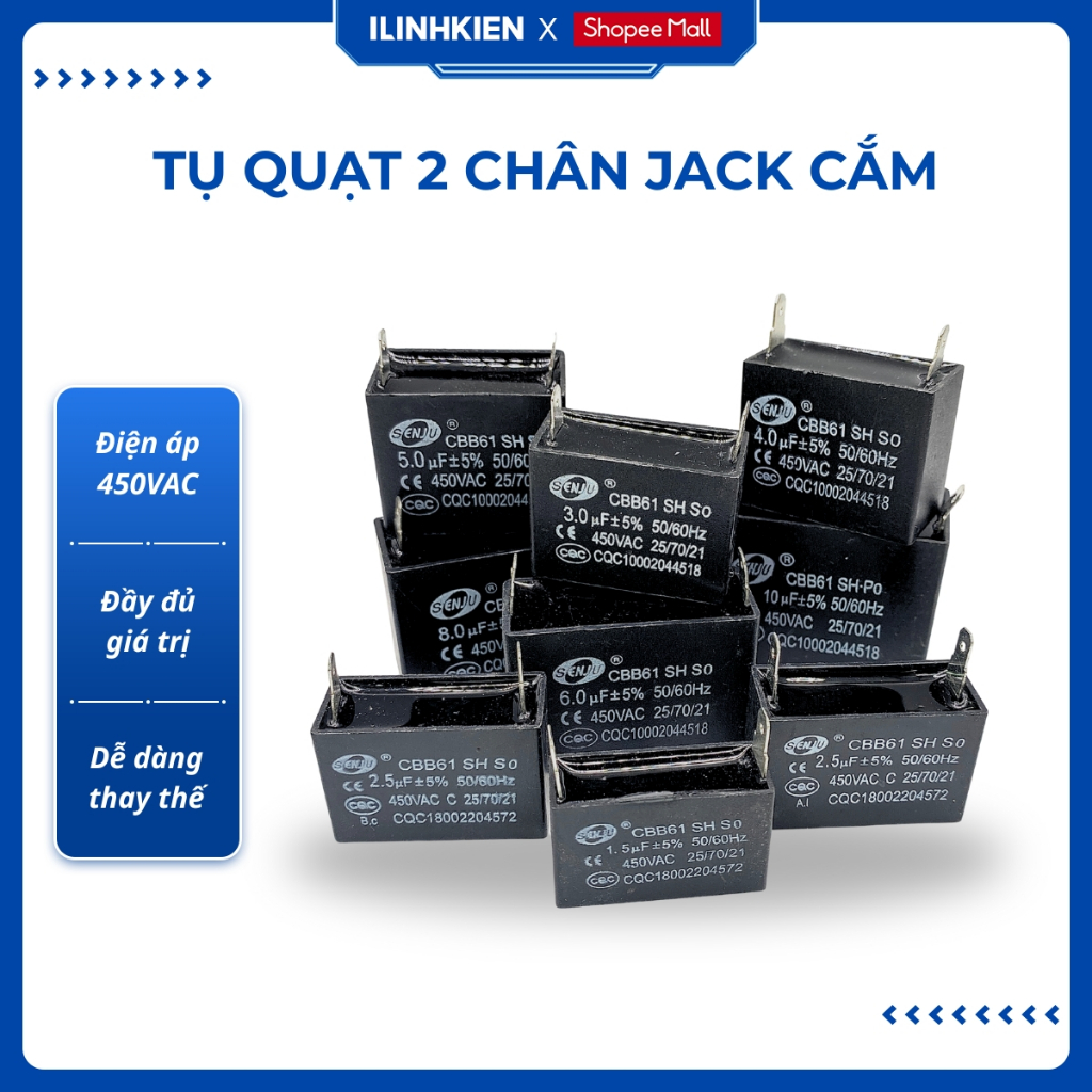 Tụ quạt 2 chân jack cắm 1uF 1.2uF 1.5uF 2uF 2.5uF 3uF 5uF 450VAC CBB61 ILinhkien