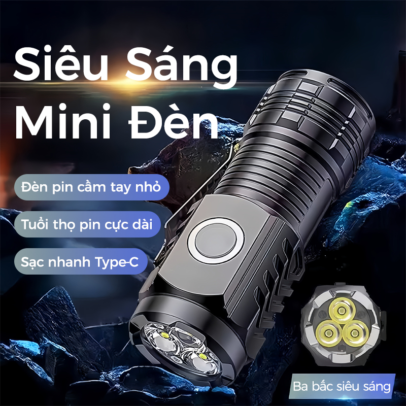 Đèn pin mini cầm tay siêu nhỏ siêu sáng chiếu xa tỏa chống nước có móc gài nam châm tiện dụng pin trâu 5 chế độ sáng
