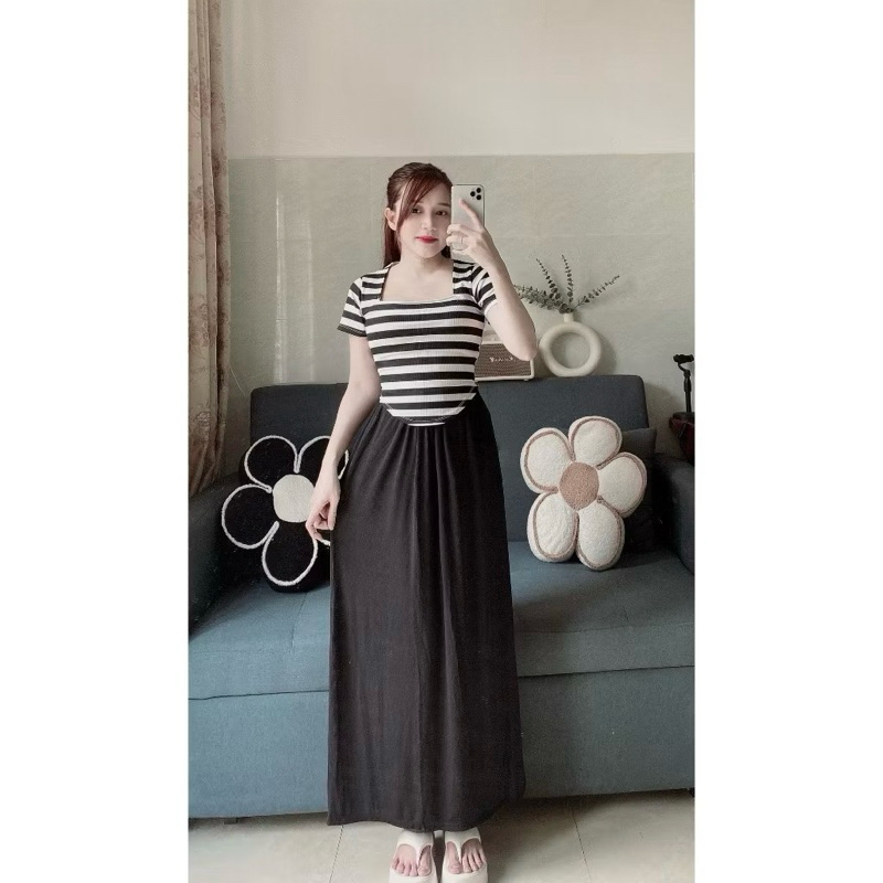 Đầm nữ basic đen trắng co giãn dễ mặc ulzzang đi chơi Váy liền dáng dài maxi cộc tay cổ vuông kẻ ngang xòe rộng T1094G