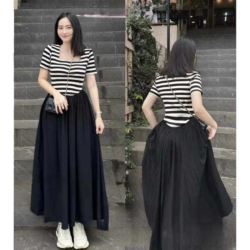 Đầm nữ basic đen trắng co giãn dễ mặc ulzzang đi chơi Váy liền dáng dài maxi cộc tay cổ vuông kẻ ngang xòe rộng T1094G