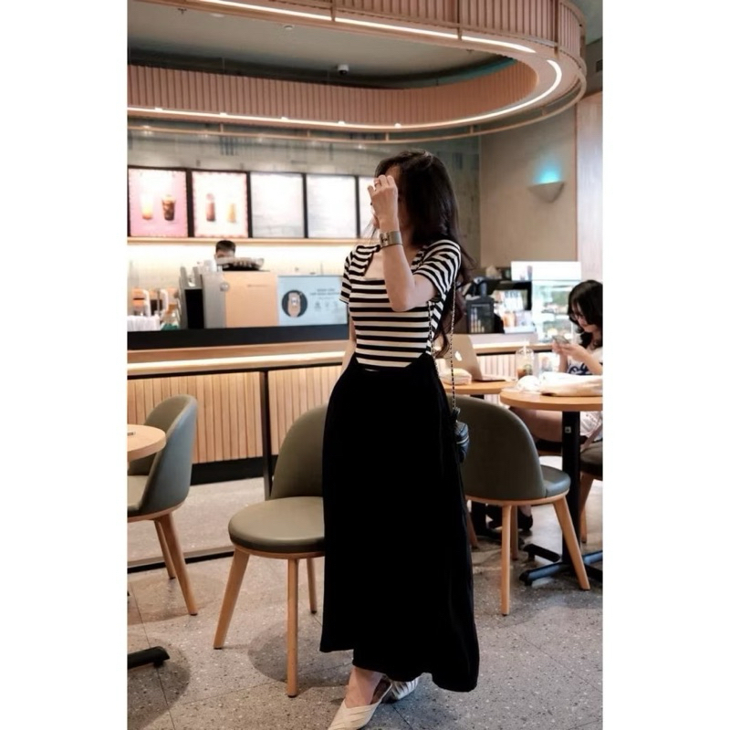 Đầm nữ basic đen trắng co giãn dễ mặc ulzzang đi chơi Váy liền dáng dài maxi cộc tay cổ vuông kẻ ngang xòe rộng T1094G