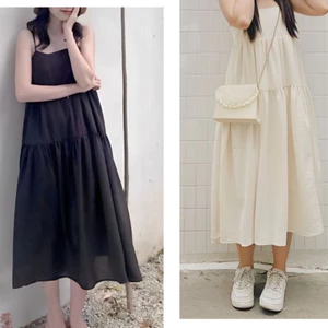 Đầm nữ đi biển du lịch hè thu xinh xắn cute Váy 2 dây dáng dàng qua gối 2 tầng form rộng xòe đen be basic T622G