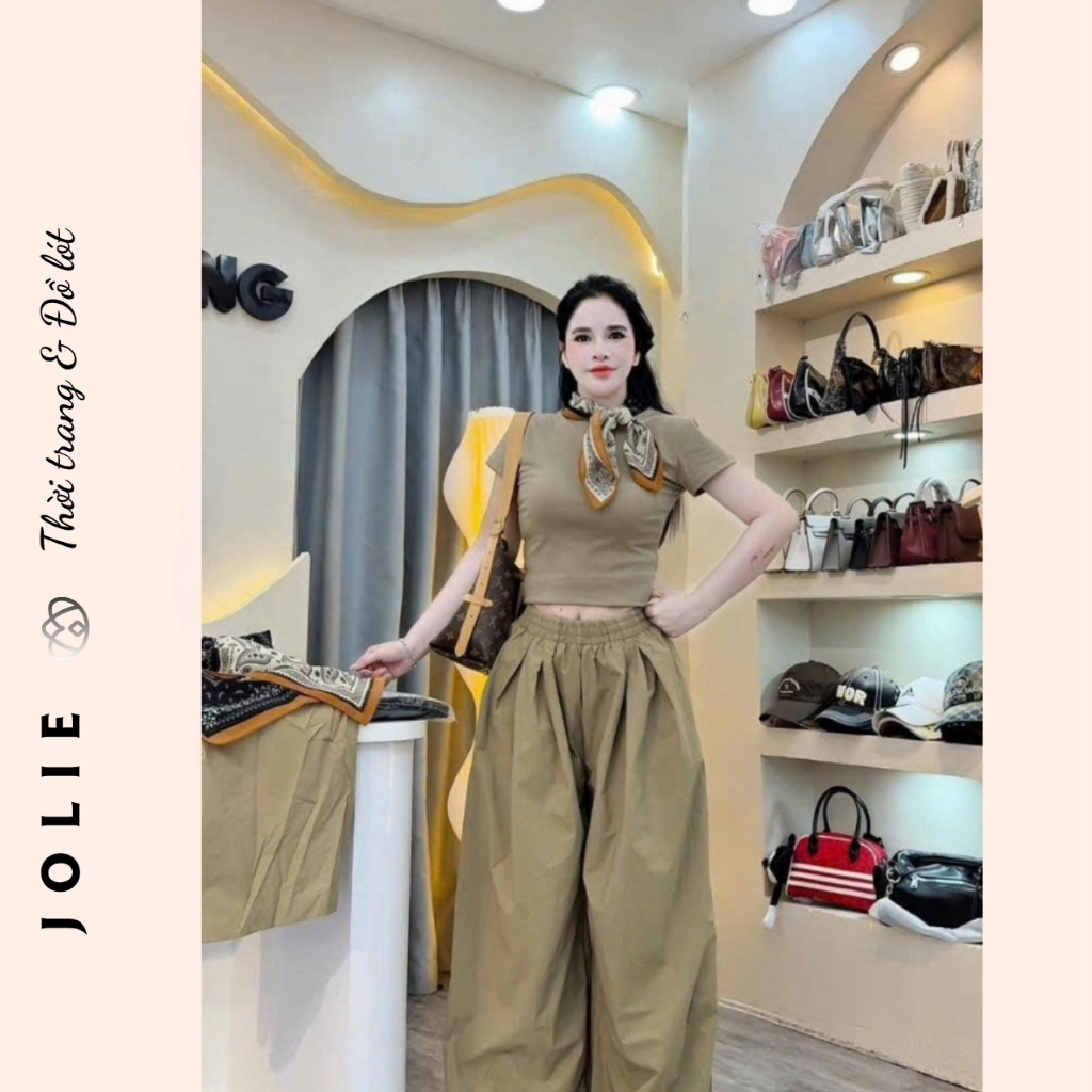 Set Áo Croptop Cổ Họa Tiết Kèm Quần Culottes Ống Rộng