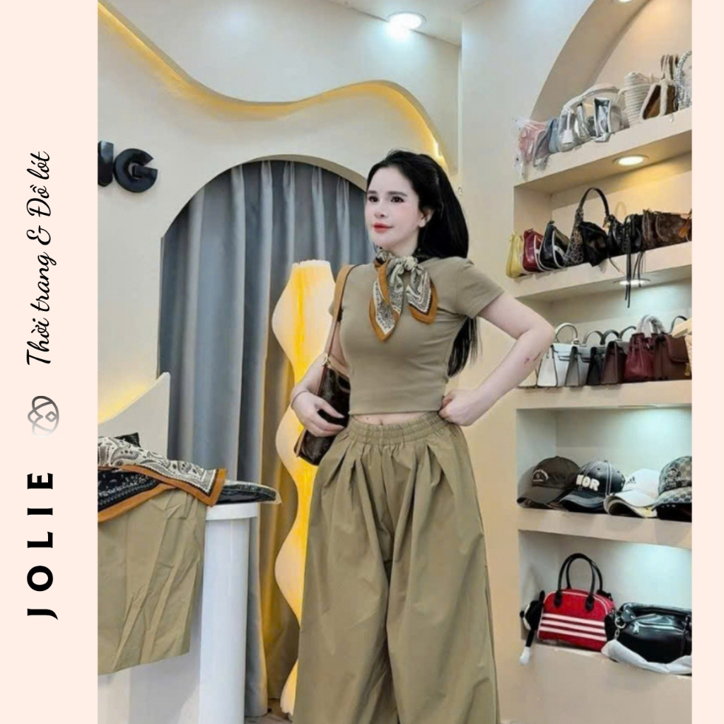 Set Áo Croptop Cổ Họa Tiết Kèm Quần Culottes Ống Rộng