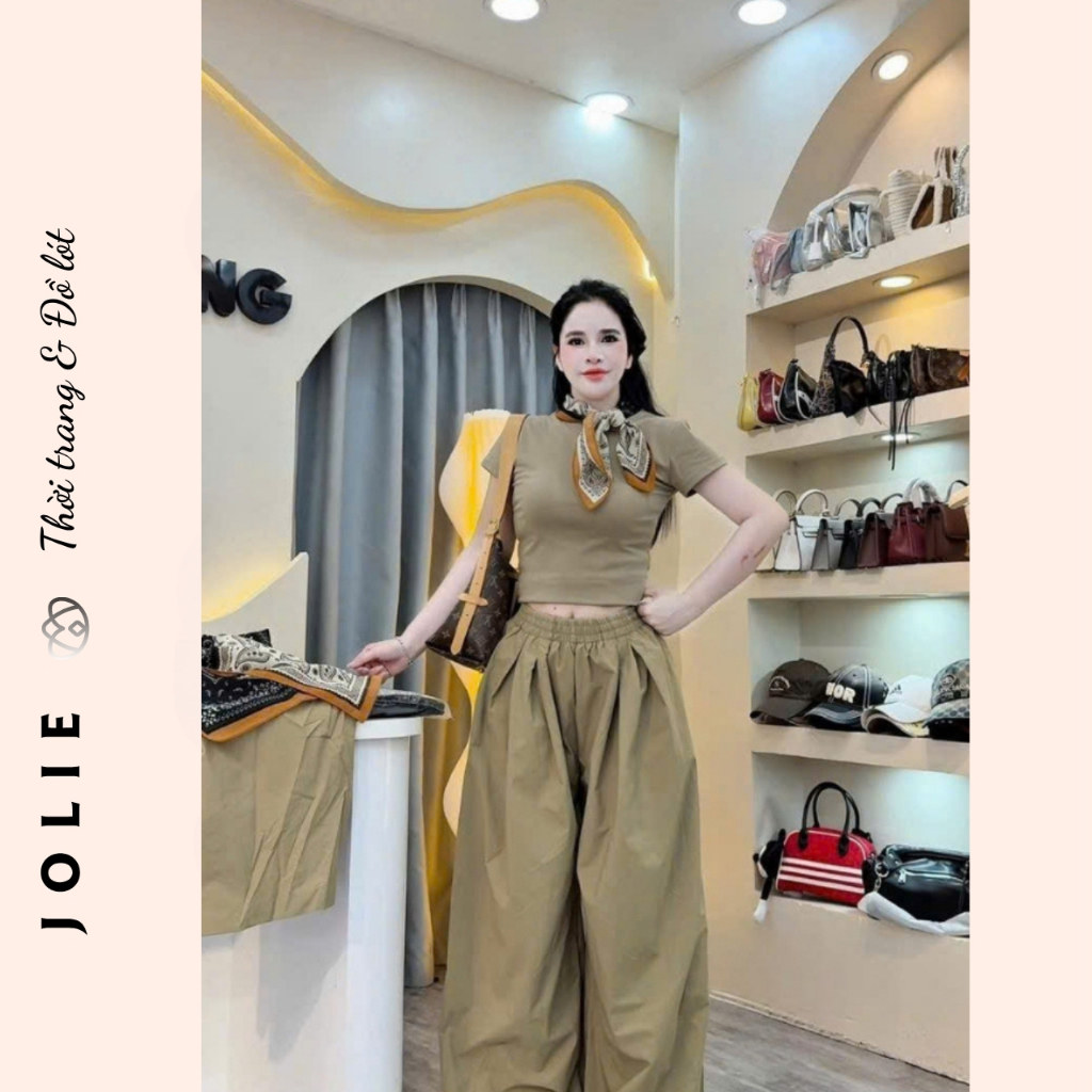 Set Áo Croptop Cổ Họa Tiết Kèm Quần Culottes Ống Rộng