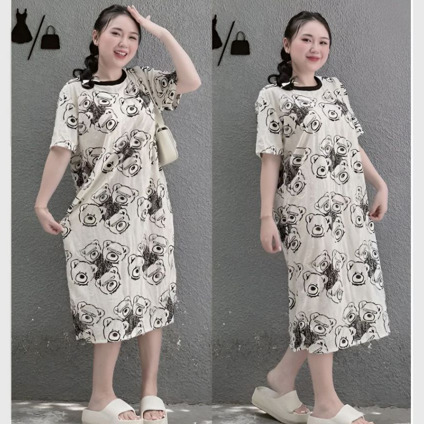 Đầm bầu dáng suông xám trắng Váy thun không cổ cộc tay họa tiết chữ chất cotton rách dáng dài form rộng cá tính T1101G