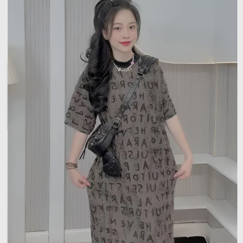Đầm bầu dáng suông xám trắng Váy thun không cổ cộc tay họa tiết chữ chất cotton rách dáng dài form rộng cá tính T1101G