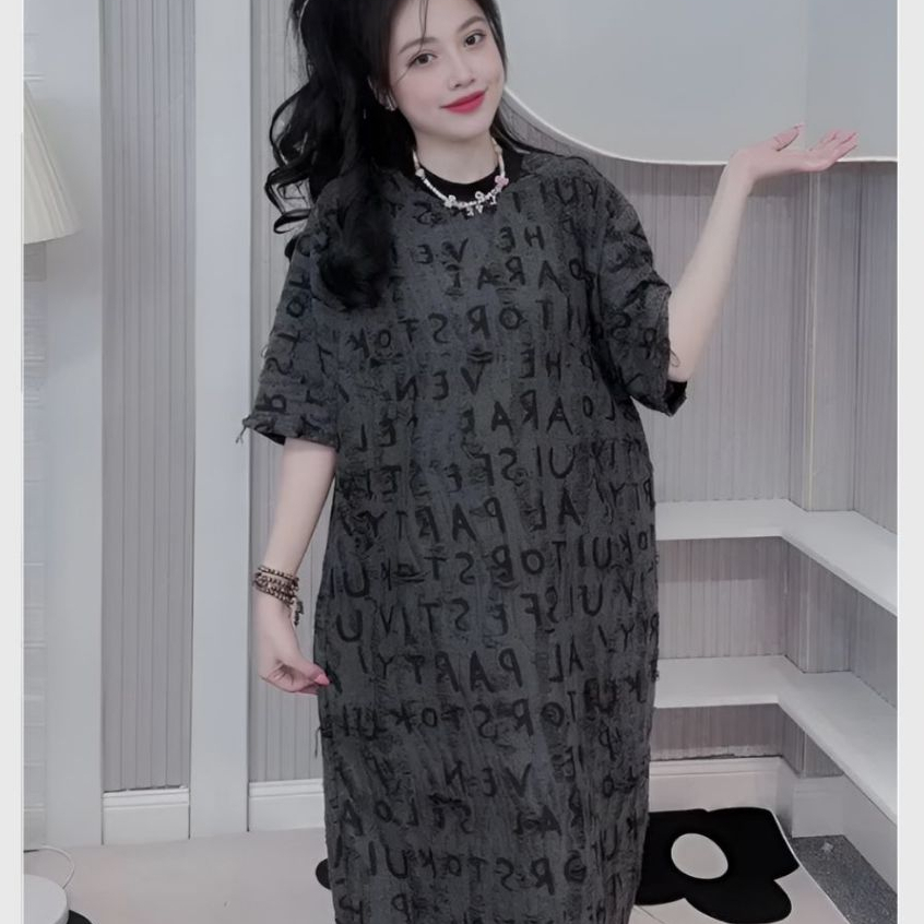 Đầm bầu dáng suông xám trắng Váy thun không cổ cộc tay họa tiết chữ chất cotton rách dáng dài form rộng cá tính T1101G