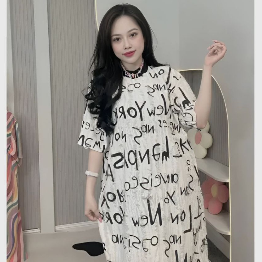 Đầm bầu dáng suông xám trắng Váy thun không cổ cộc tay họa tiết chữ chất cotton rách dáng dài form rộng cá tính T1101G