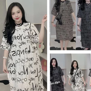 Đầm bầu dáng suông xám trắng Váy thun không cổ cộc tay họa tiết chữ chất cotton rách dáng dài form rộng cá tính T1101G