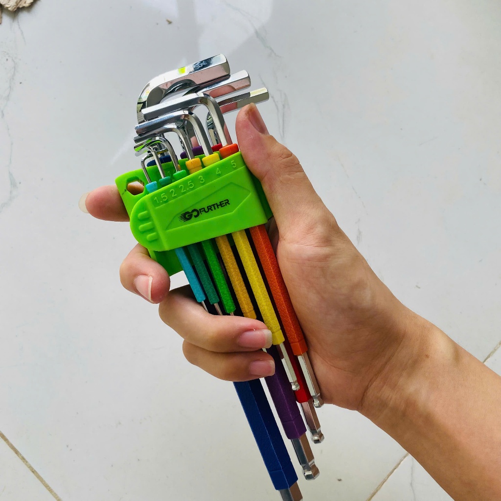 Bộ 9 cây lục giác màu GOFUTHER chất liệu CRV cao cấp, bộ lục giác đầu bi, đầu bông cao cấp