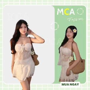 Set BIKINI áo ống ren nhún ngực phối kèm chân váy xoè MCA phong cách đi biển S084