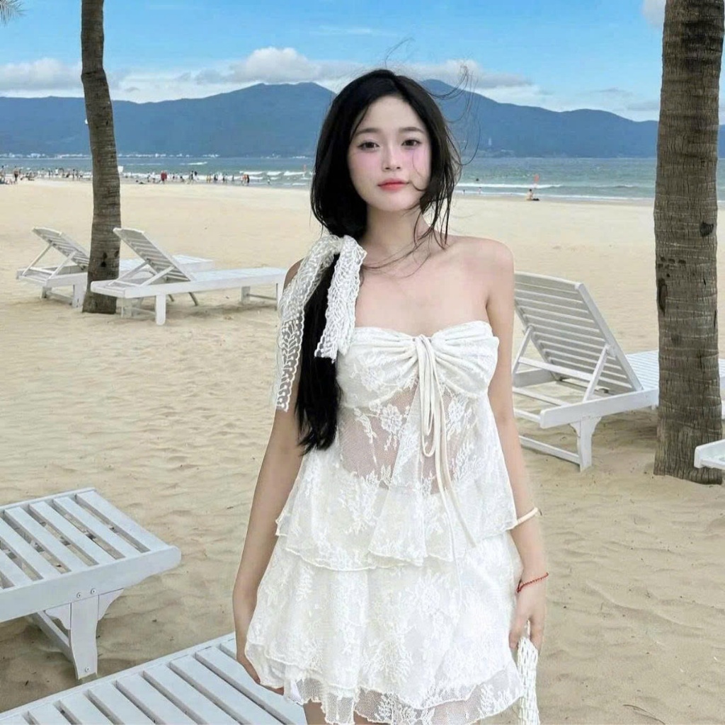[ Video sp thực tế ]Set BIKINI áo ống ren nhún ngực phối kèm chân váy xoè MCA phong cách đi biển S084