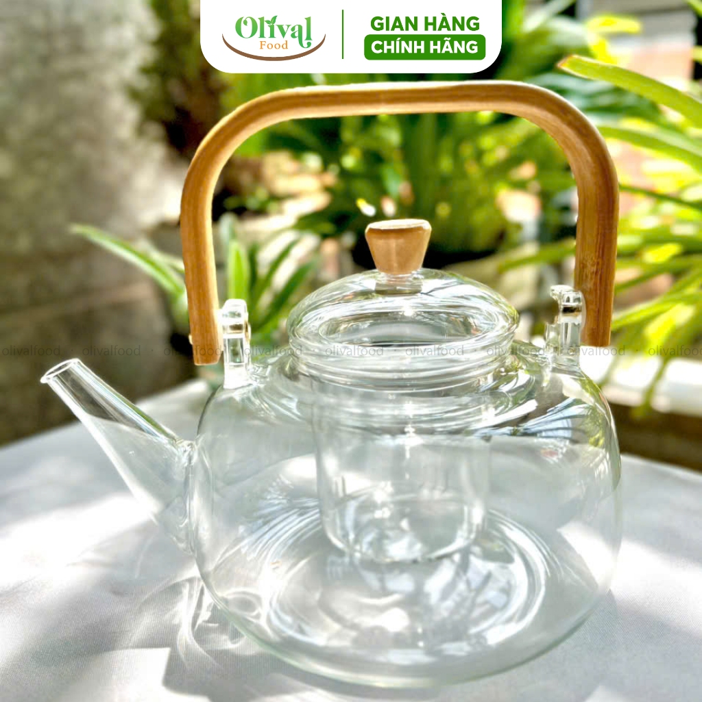 Bộ bình trà bằng thủy tinh - Tay quay bằng gỗ cao cấp, có Lõi Lọc Đun Trực Tiếp Trên Bếp Gas - Bếp Hồng Ngoại 1000ml