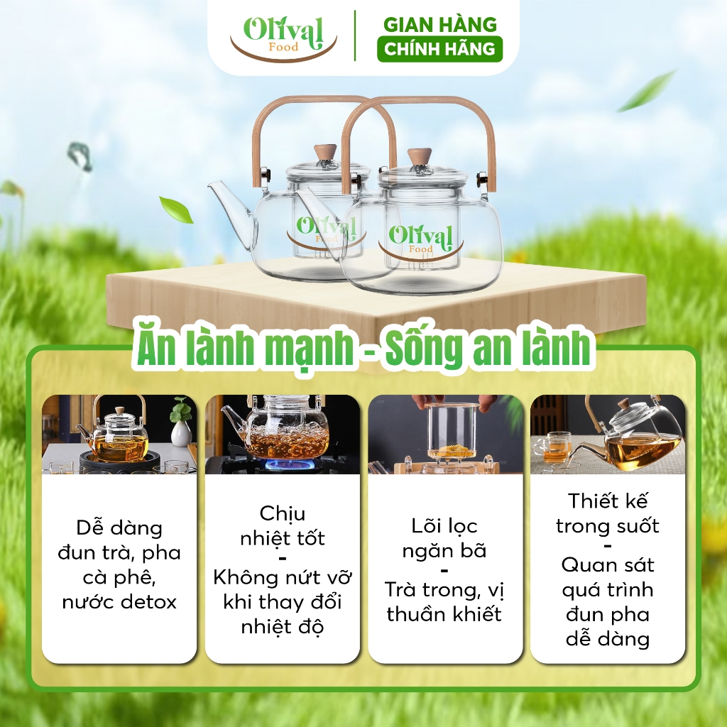 Bộ bình trà bằng thủy tinh - Tay quay bằng gỗ cao cấp, có Lõi Lọc Đun Trực Tiếp Trên Bếp Gas - Bếp Hồng Ngoại 1000ml