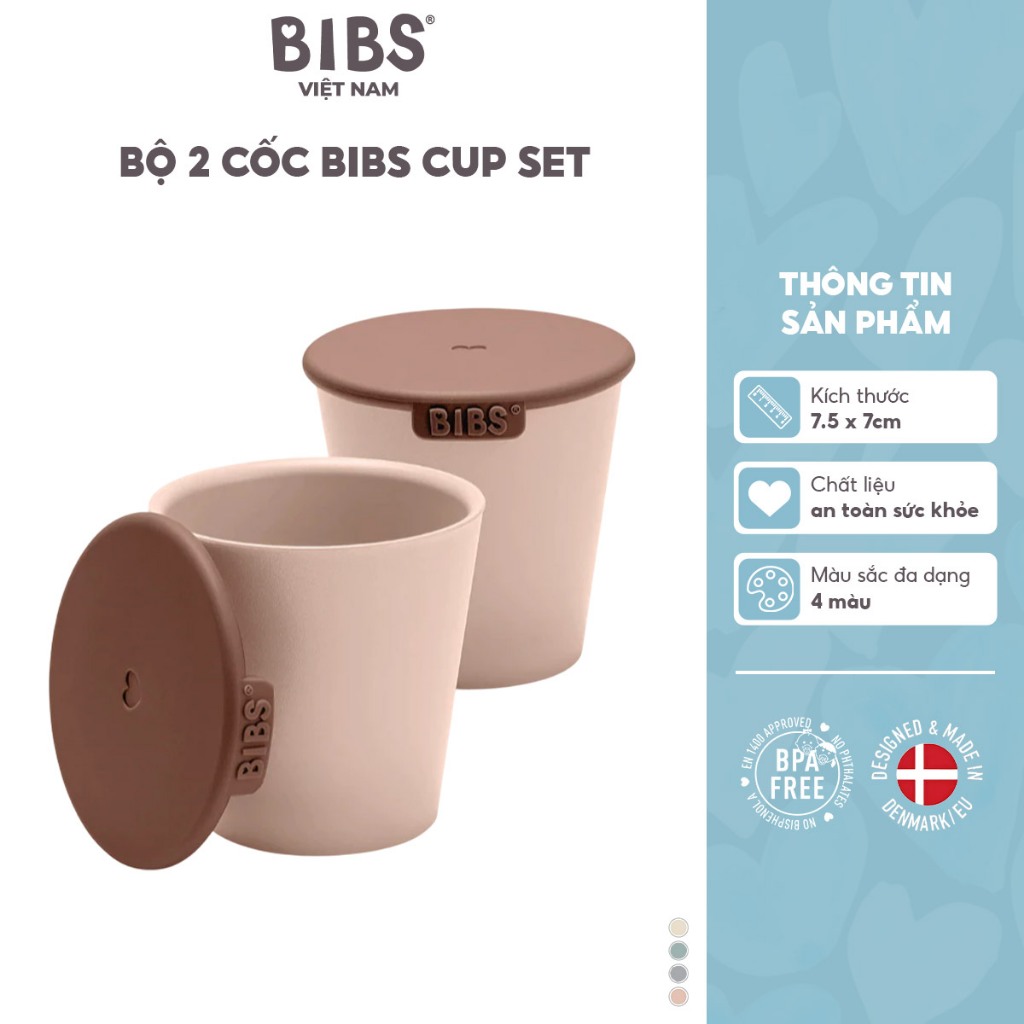 Bộ 2 cốc BIBS Cup Set cho bé, ly có nắp đậy chống trượt, không bị ố màu