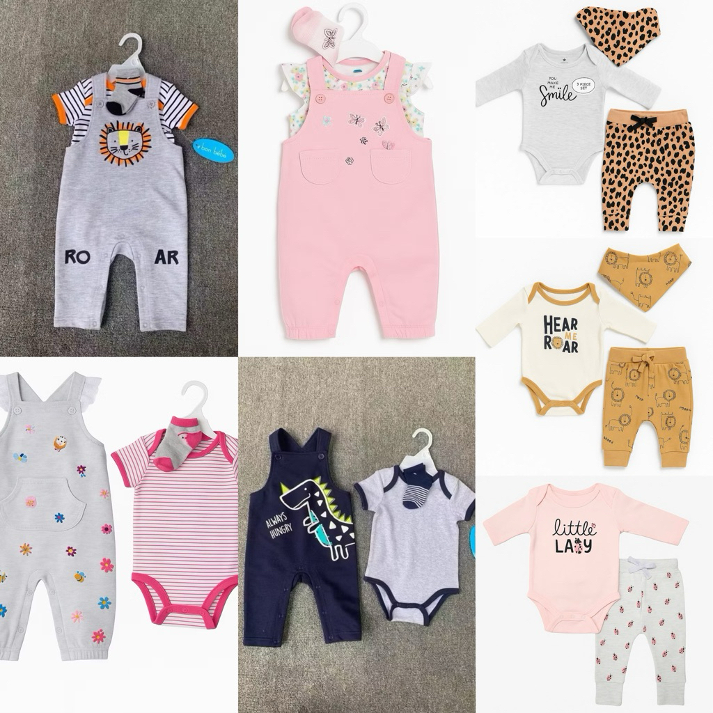 Set body bé sơ sinh xuất dư 2/3 chi tiết kèm yếm/quần F9131 L039 L016 L012 L089, cotton mềm thoáng mát