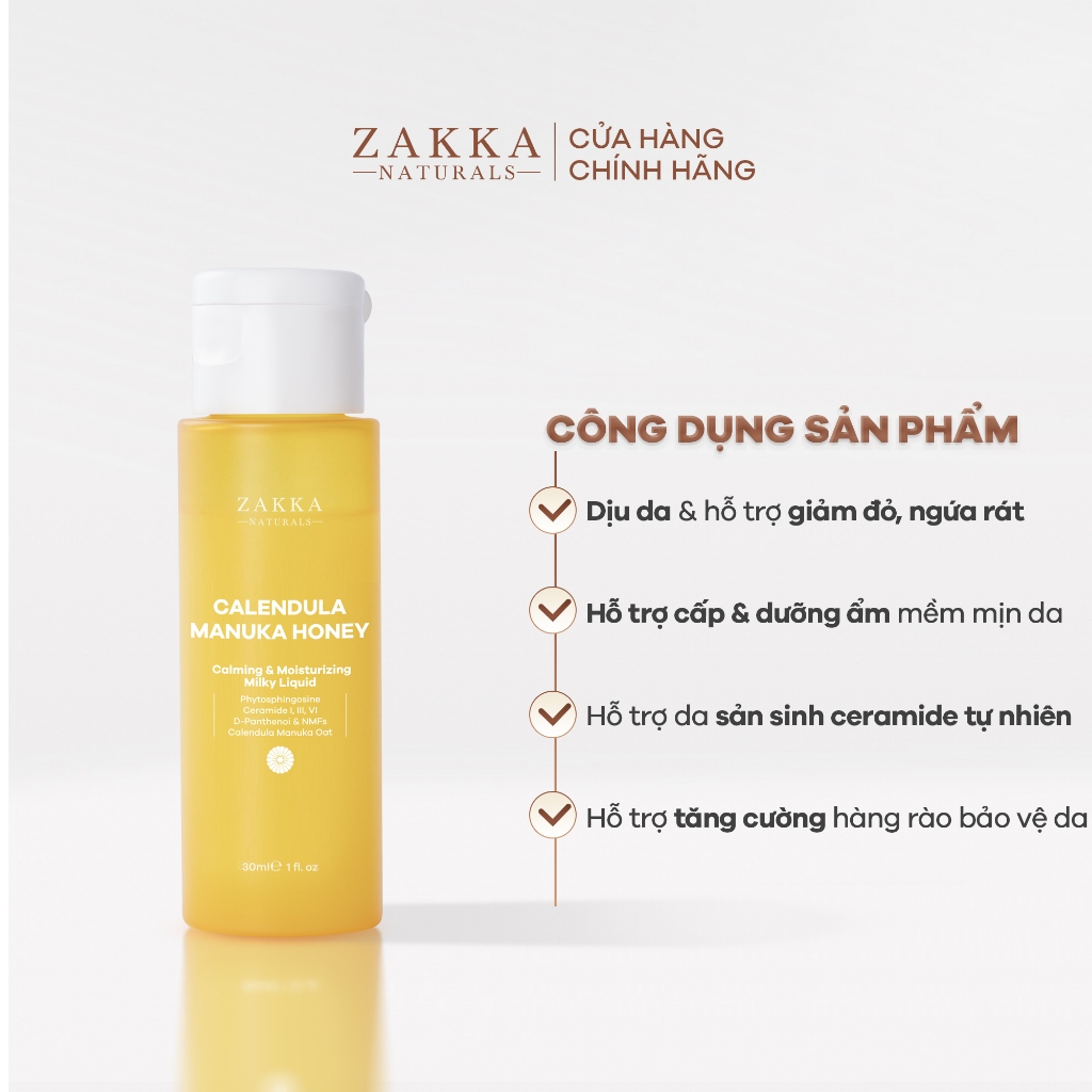[MẪU MÃ MỚI] Sữa Dưỡng Dịu Da & Hỗ Trợ Phục Hồi Độ Ẩm Zakka Naturals Calendula Manuka Honey Milky Liquid 30ml
