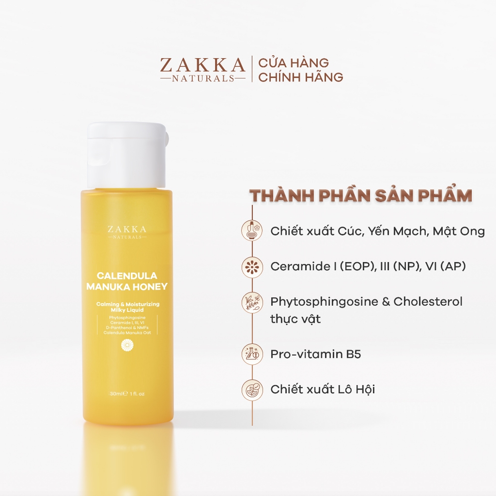 [MẪU MÃ MỚI] Sữa Dưỡng Dịu Da & Hỗ Trợ Phục Hồi Độ Ẩm Zakka Naturals Calendula Manuka Honey Milky Liquid 30ml