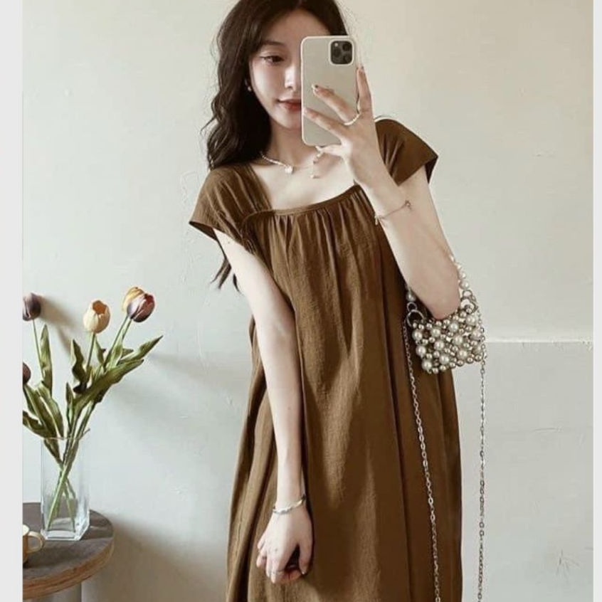 Đầm bầu chất đũi basic trẻ trung mặc nhà đi chơi bigsize Váy dài maxi đi biển form rộng tay hến cổ vuông suông T1092G