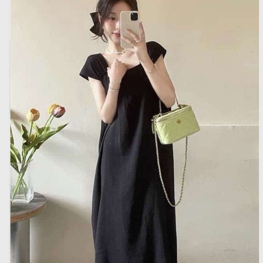 Đầm bầu chất đũi basic trẻ trung mặc nhà đi chơi bigsize Váy dài maxi đi biển form rộng tay hến cổ vuông suông T1092G