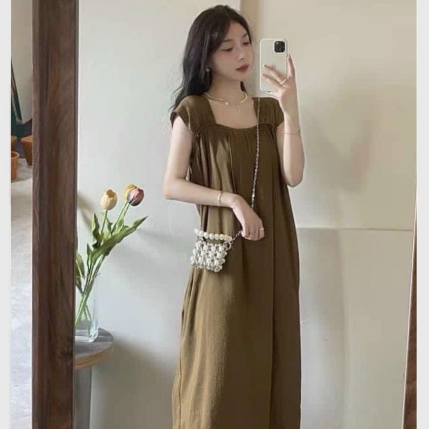 Đầm bầu chất đũi basic trẻ trung mặc nhà đi chơi bigsize Váy dài maxi đi biển form rộng tay hến cổ vuông suông T1092G