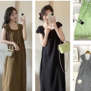 Đầm bầu chất đũi basic trẻ trung mặc nhà đi chơi bigsize Váy dài maxi đi biển form rộng tay hến cổ vuông suông T1092G
