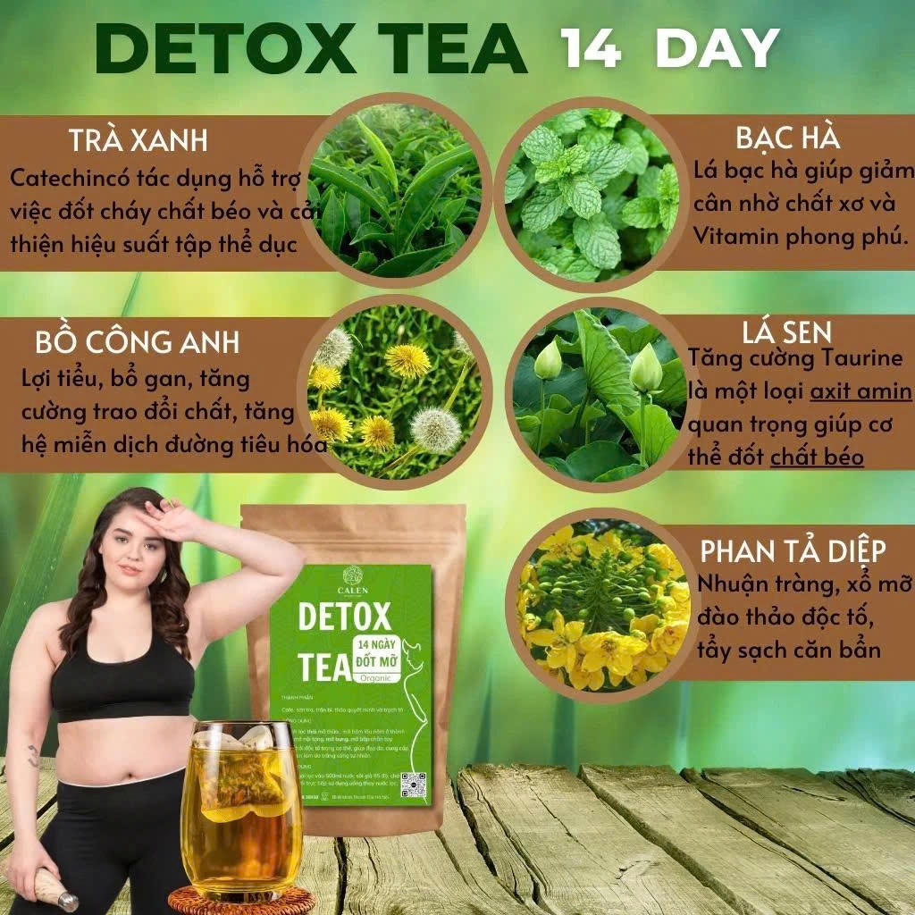 Trà thảo dược detox 14 ngày CALEN giúp detox cơ thể, làm sạch đường ruột, ngăn tích tụ mỡ thừa hiệu quả bịch 30 lọc