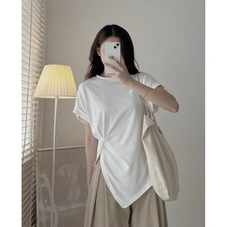Áo thun nữ dáng dài form rộng nhún hông lệch vạt giấu bụng phong cách VANISA CT057