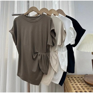 Áo thun nữ dáng dài form rộng nhún hông lệch vạt giấu bụng phong cách VANISA CT057