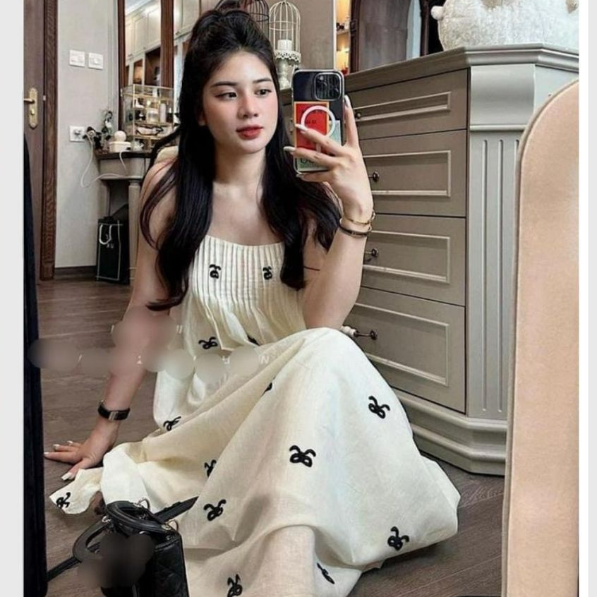 Đầm nữ tiểu thư bánh bèo Váy 2 dây ( có điều chỉnh độ dài dây ) họa tiết nơ nhỏ xếp li ngực dáng lỡ xòe T752G