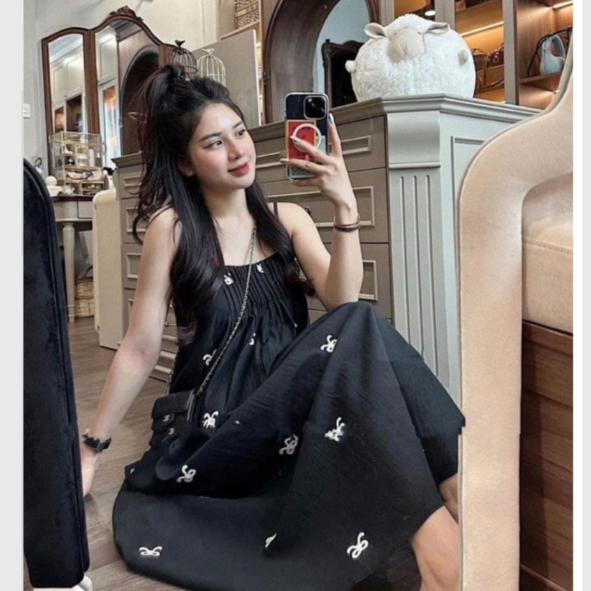 Đầm nữ tiểu thư bánh bèo Váy 2 dây ( có điều chỉnh độ dài dây ) họa tiết nơ nhỏ xếp li ngực dáng lỡ xòe T752G