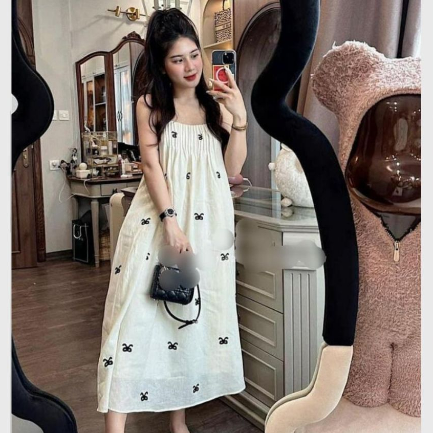 Đầm nữ tiểu thư bánh bèo Váy 2 dây ( có điều chỉnh độ dài dây ) họa tiết nơ nhỏ xếp li ngực dáng lỡ xòe T752G