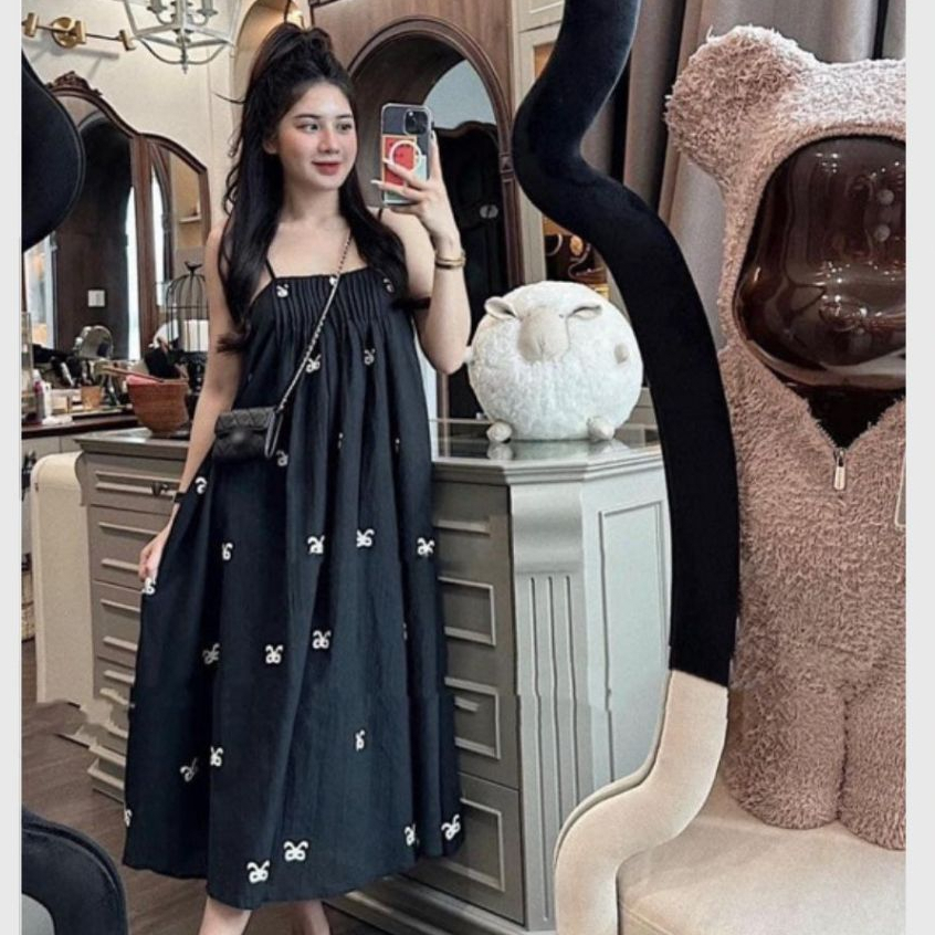 Đầm nữ tiểu thư bánh bèo Váy 2 dây ( có điều chỉnh độ dài dây ) họa tiết nơ nhỏ xếp li ngực dáng lỡ xòe T752G
