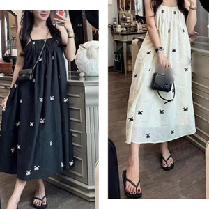 Đầm nữ tiểu thư bánh bèo Váy 2 dây ( có điều chỉnh độ dài dây ) họa tiết nơ nhỏ xếp li ngực dáng lỡ xòe T752G