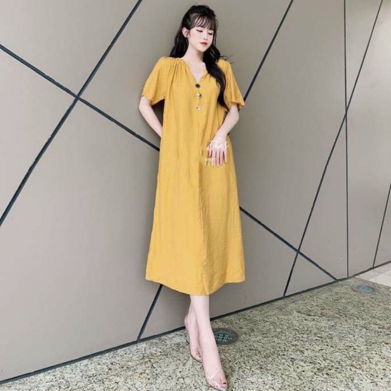 Đầm bầu nữ ngắn tay không cổ màu vàng đi du lịch Váy cộc tay dáng dài maxi cổ chun đính đá form rộng thanh lịch T1093G