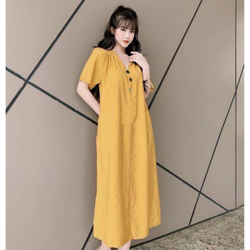 Đầm bầu nữ ngắn tay không cổ màu vàng đi du lịch Váy cộc tay dáng dài maxi cổ chun đính đá form rộng thanh lịch T1093G