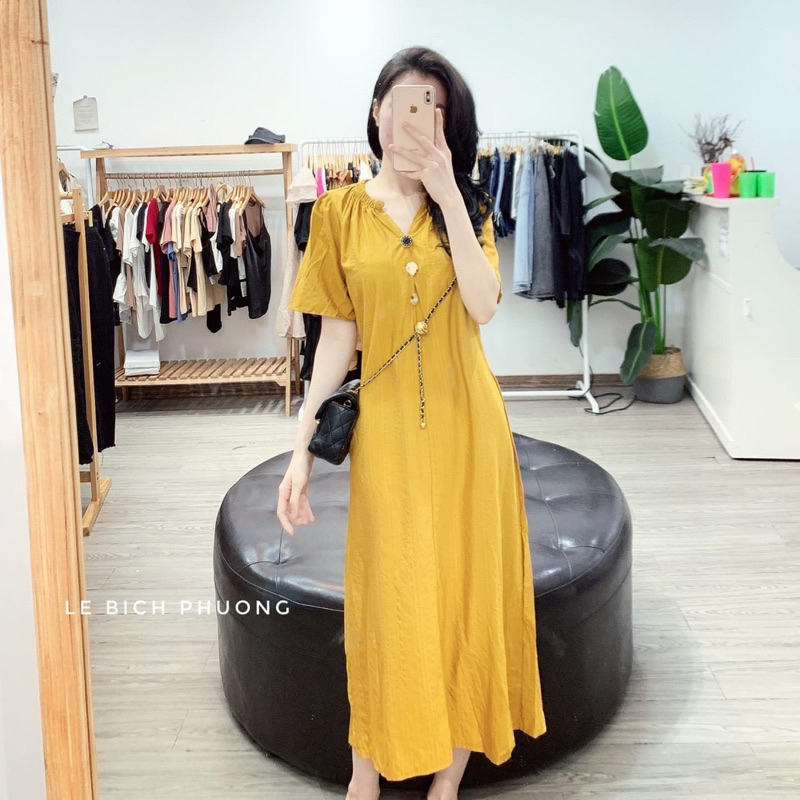 Đầm bầu nữ ngắn tay không cổ màu vàng đi du lịch Váy cộc tay dáng dài maxi cổ chun đính đá form rộng thanh lịch T1093G