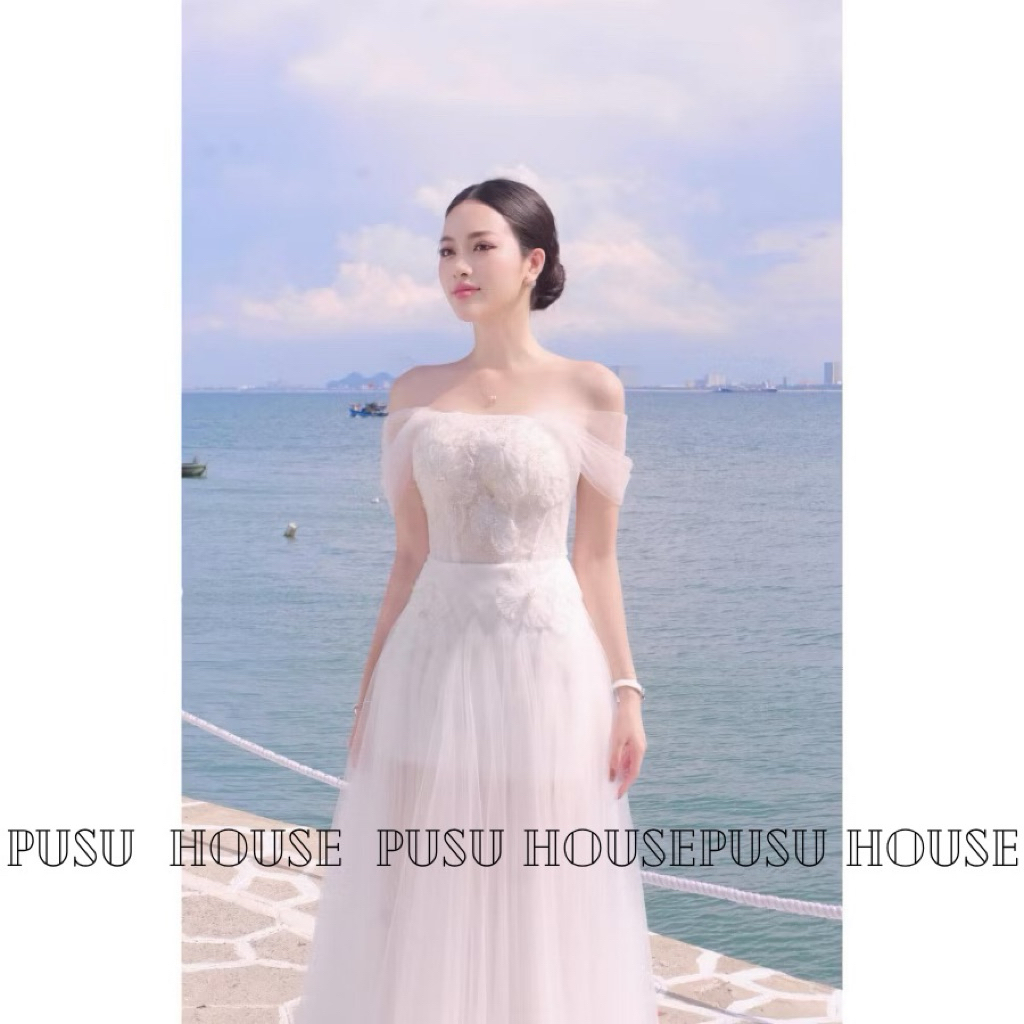 Đầm thiết kế dự tiệc nữ trễ vai phối lưới sang trọng - Pusu house