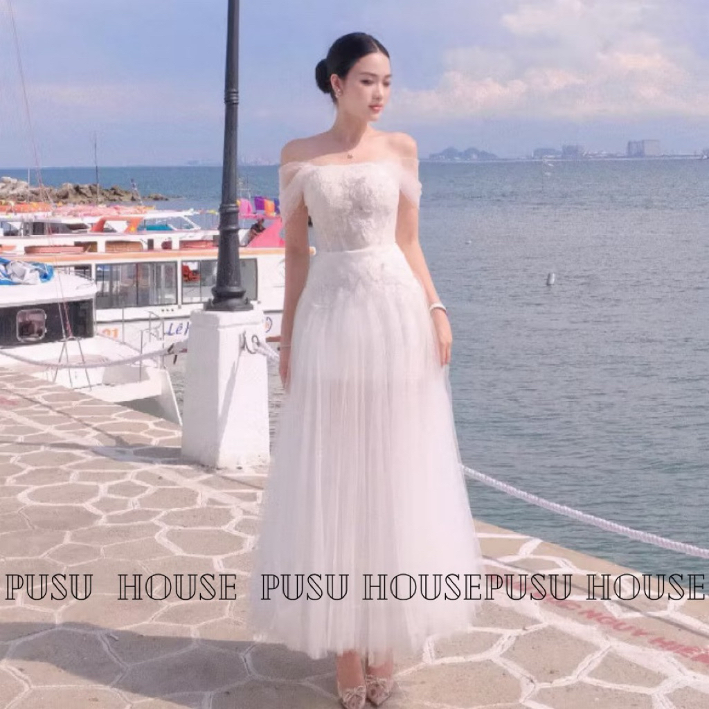Đầm thiết kế dự tiệc nữ trễ vai phối lưới sang trọng - Pusu house