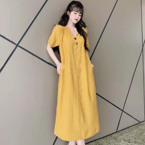 Đầm bầu nữ ngắn tay không cổ màu vàng đi du lịch Váy cộc tay dáng dài maxi cổ chun đính đá form rộng thanh lịch T1093G