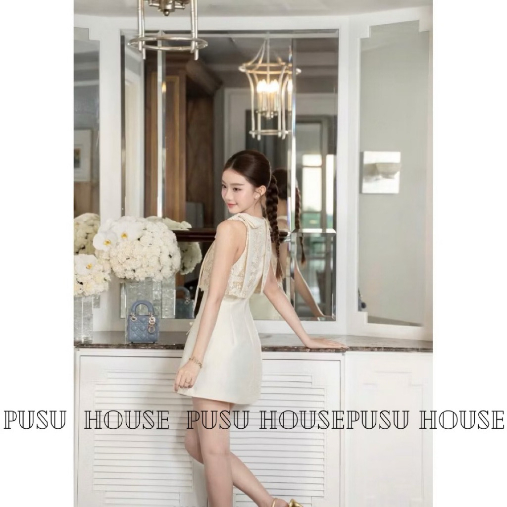 Váy ren nữ dự tiệc sang chảnh thiết kế sát nách đính nơ  thắt eo dáng ngắn xoè tiểu thư cao cấp- Pusu house