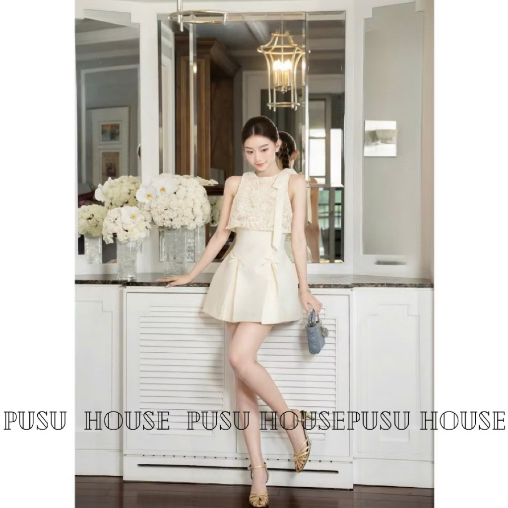 Váy ren nữ dự tiệc sang chảnh thiết kế sát nách đính nơ  thắt eo dáng ngắn xoè tiểu thư cao cấp- Pusu house