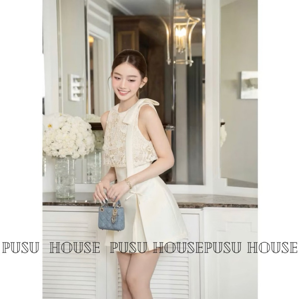 Váy ren nữ dự tiệc sang chảnh thiết kế sát nách đính nơ  thắt eo dáng ngắn xoè tiểu thư cao cấp- Pusu house