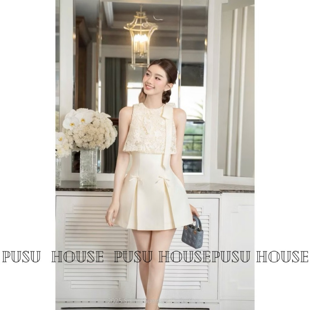 Váy ren nữ dự tiệc sang chảnh thiết kế sát nách đính nơ  thắt eo dáng ngắn xoè tiểu thư cao cấp- Pusu house
