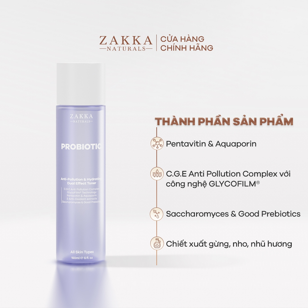 Toner 2 Trong 1 Hỗ Trợ Làm Sạch Và Cấp Ẩm Probiotic Anti-Pollution & Hydrating Dual Effect Zakka Naturals 150ml