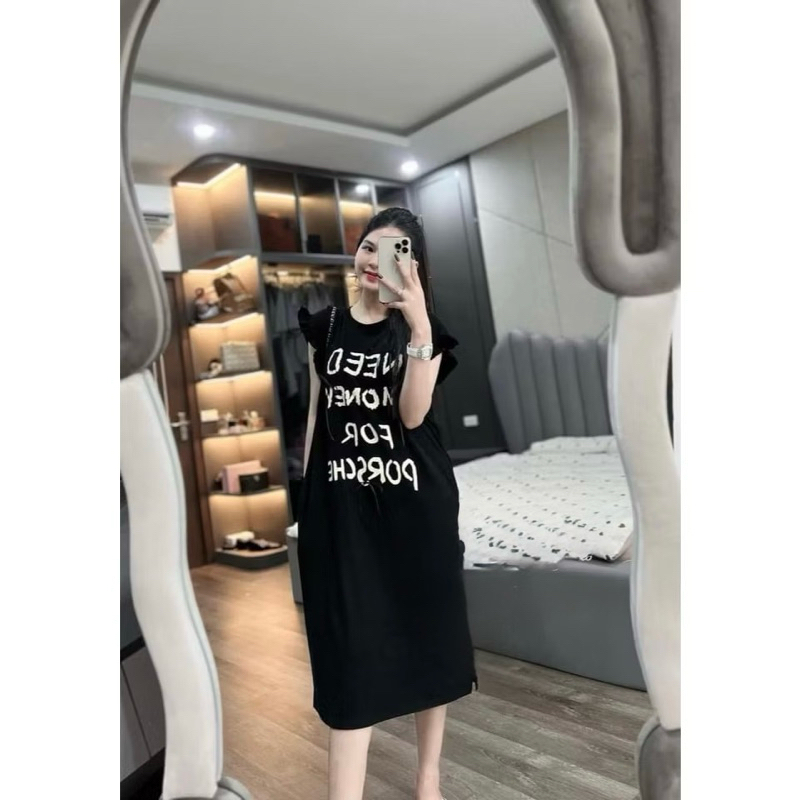Đầm bầu tay cánh tiên form rộng bigsize đơn giản Váy thun dáng suông dài cộc tay chữ Need Money đen nâu đỏ tím T1098G