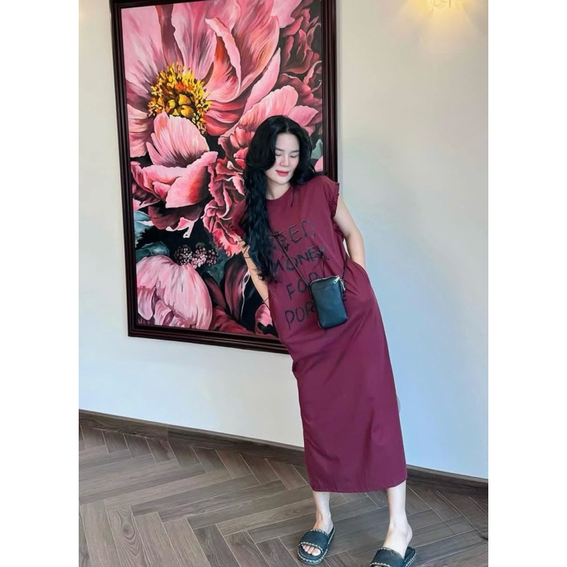 Đầm bầu tay cánh tiên form rộng bigsize đơn giản Váy thun dáng suông dài cộc tay chữ Need Money đen nâu đỏ tím T1098G