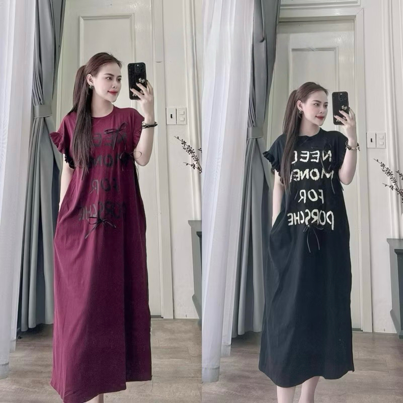 Đầm bầu tay cánh tiên form rộng bigsize đơn giản Váy thun dáng suông dài cộc tay chữ Need Money đen nâu đỏ tím T1098G