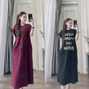 Đầm bầu tay cánh tiên form rộng bigsize đơn giản Váy thun dáng suông dài cộc tay chữ Need Money đen nâu đỏ tím T1098G